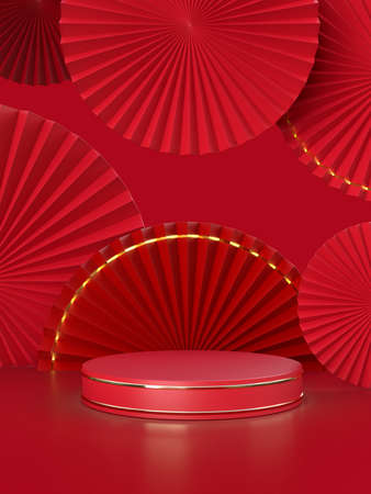 Paper fan medallion chinese new year decoration with podium on background. Concept of Happy Chinese New Year festival background. 3D renderingの写真素材