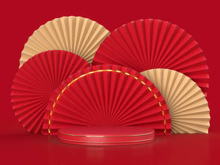 Paper fan medallion chinese new year decoration with podium on background. Concept of Happy Chinese New Year festival background. 3D renderingの写真素材