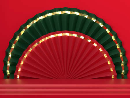 Paper fan medallion chinese new year decoration with podium on background. Concept of Happy Chinese New Year festival background. 3D renderingの写真素材