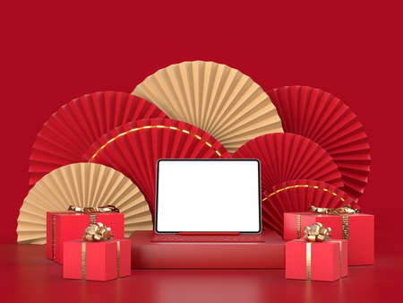 Paper fan medallion chinese new year decoration with tablet mockup. Concept of Happy Chinese New Year festival background. 3D renderingの写真素材