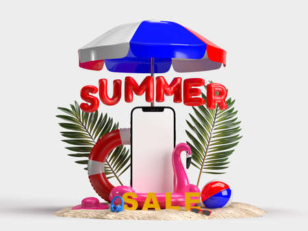 Smartphone with Decorative beach objects. Summer sale concept mockup For sale poster, advertising, sale promotion, discount sale, Background Banner, or Wallpaper. 3D renderingの写真素材