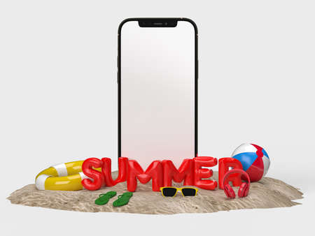 Smartphone with Decorative beach objects. Summer sale concept mockup For sale poster, advertising, sale promotion, discount sale, Background Banner, or Wallpaper. 3D renderingの写真素材