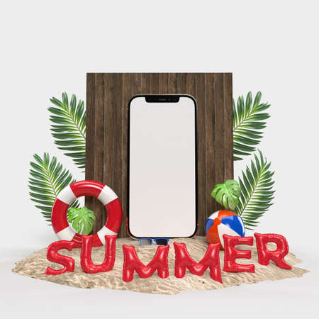 Smartphone with Decorative beach objects. Summer sale concept mockup For sale poster, advertising, sale promotion, discount sale, Background Banner, or Wallpaper. 3D renderingの写真素材