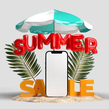 Smartphone with Decorative beach objects. Summer sale concept mockup For sale poster, advertising, sale promotion, discount sale, Background Banner, or Wallpaper. 3D renderingの写真素材