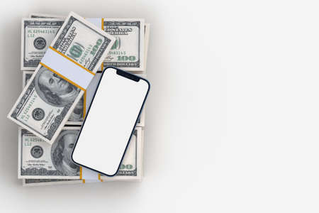 Smart phone and Cash. Banner mockup template for bank, business services. Money saving concept or business services wealth concept. 3D renderingの写真素材