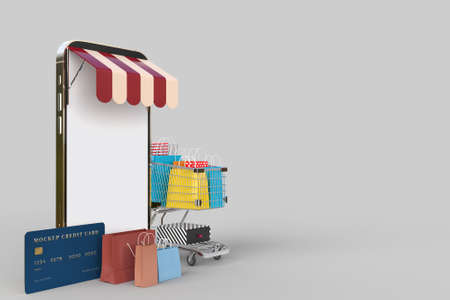 Online shop store with smartphone mockups template and shopping elements. Designs concept marketing online with clipping path. 3D renderingの写真素材