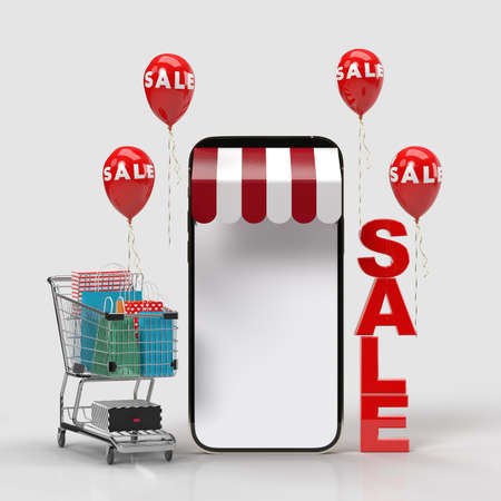 Online shop store with smartphone mockups template and shopping elements. Designs concept marketing online with clipping path. 3D renderingの写真素材