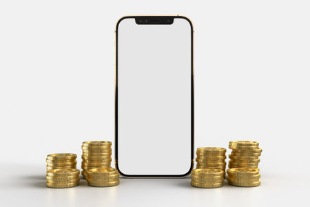 Smart phone and golden coin. Banner mockup template for bank, business services. Money saving concept or business services wealth concept. 3D renderingの写真素材
