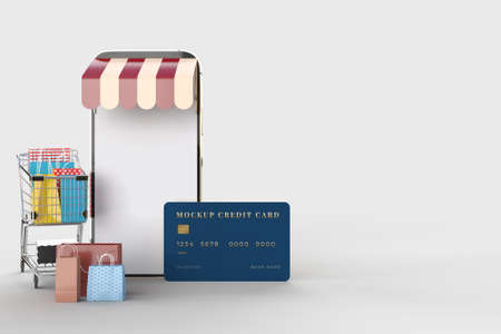 Online shop store with smartphone mockups template and shopping elements. Designs concept marketing online with clipping path. 3D renderingの写真素材