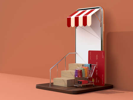 Online shopping with smartphone mockups template and shopping elements. Designs concept marketing onlineの写真素材
