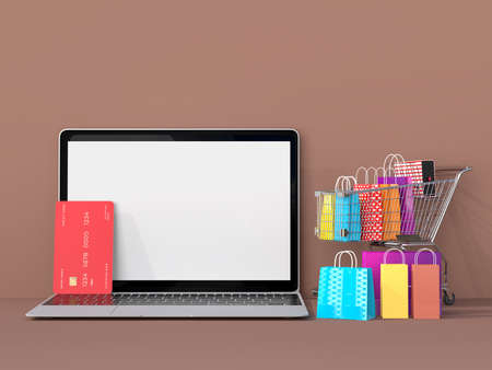 Online shopping with laptop mockups template and shopping elements. Designs concept marketing onlineの写真素材
