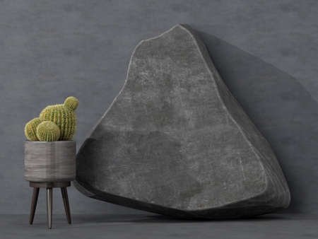 Blank stone and plants in wall concrete for logo presentation branding, corporate identity, advertising. Mockup 3D renderingの写真素材