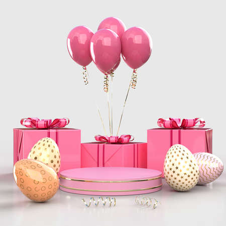 Happy Easter! Easter holiday creative background with podium and decorative. Easter concept mockup. 3D renderingの写真素材