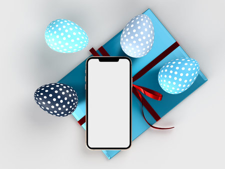 Happy Easter! Easter holiday creative background with smartphone and decorative. Easter concept...