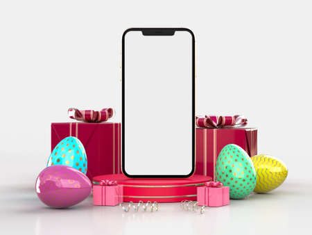 Happy Easter! Easter holiday creative background with smartphone and decorative. Easter concept mockup. 3D renderingの写真素材