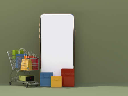 Online shop store with smartphone mockups template and shopping elements. Designs concept marketing online with clipping path. 3D renderingの写真素材
