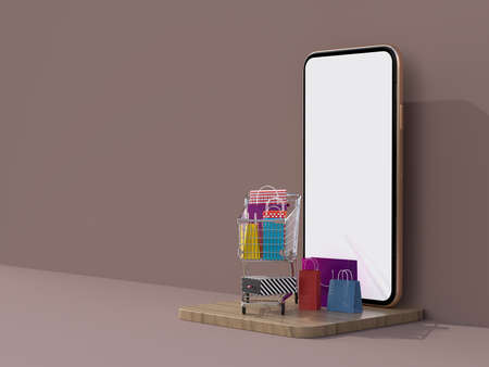 Online shop store with smartphone mockups template and shopping elements. Designs concept marketing online with clipping path. 3D renderingの写真素材