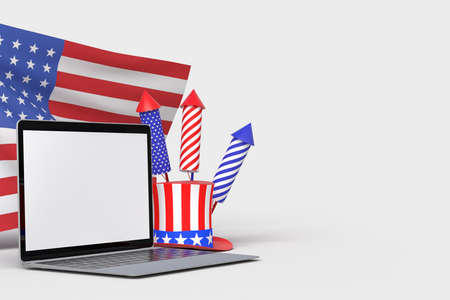 Happy 4th of July USA Independence Day and laptop mockup with decorate and american flag. Independence Day celebration of america. 3D renderingの写真素材