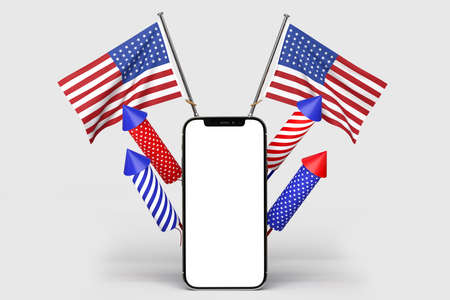 Happy 4th of July USA Independence Day and Smartphone mockup with decorate and american flag. Independence Day celebration of america. 3D renderingの写真素材