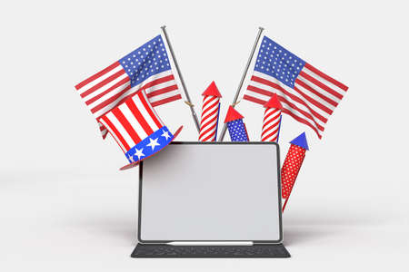Happy 4th of July USA Independence Day and tablet mockup with decorate and american flag. Independence Day celebration of america. 3D renderingの写真素材