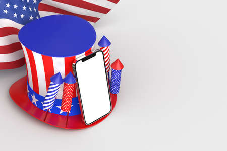 Happy 4th of July USA Independence Day and Smartphone mockup with decorate and american flag. Independence Day celebration of america. 3D renderingの写真素材
