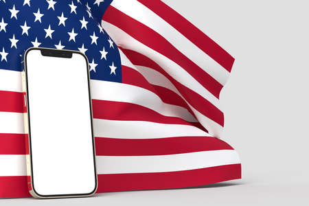 Happy 4th of July USA Independence Day and Smartphone mockup with waving american national flag. Independence Day celebration of america. 3D renderingの写真素材