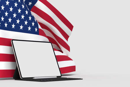 Happy 4th of July USA Independence Day and tablet mockup with waving american national flag. Independence Day celebration of america. 3D renderingの写真素材