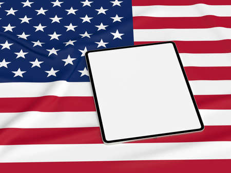 Happy 4th of July USA Independence Day and tablet mockup with waving american national flag. Independence Day celebration of america. 3D renderingの写真素材
