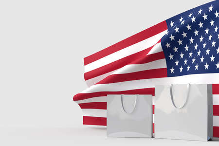 Happy 4th of July USA Independence Day and shopping bag mockup with waving american national flag. Sale concept in Independence Day celebration of america. 3D renderingの写真素材