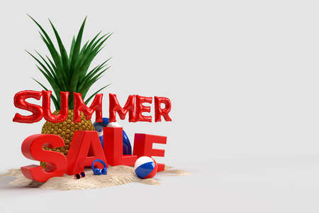 Summer scene concept with decorative beach objects mockup For sale poster, advertising, sale promotion, discount sale, Background Banner, or Wallpaper. 3D renderingの写真素材