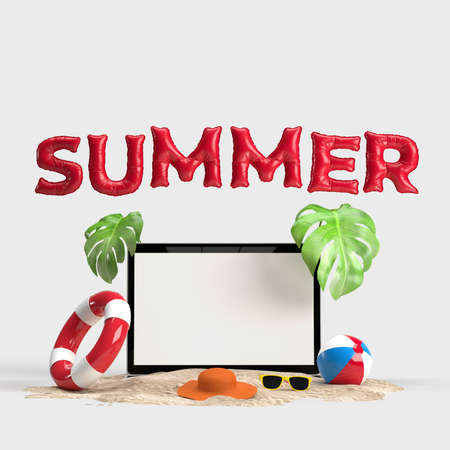 Laptop with Decorative beach objects. Summer sale concept mockup For sale poster, advertising, sale promotion, discount sale, Background Banner, or Wallpaper. 3D renderingの写真素材