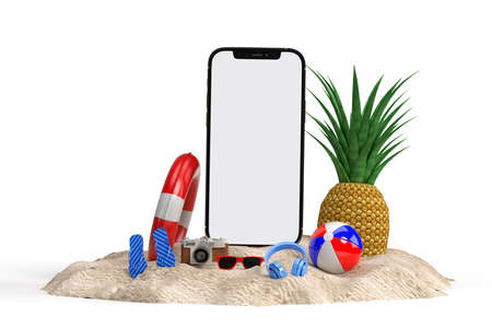 Smartphone with Decorative beach objects. Summer sale concept mockup For sale poster, advertising, sale promotion, discount sale, Background Banner, or Wallpaper. 3D renderingの写真素材