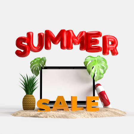 Laptop with Decorative beach objects. Summer sale concept mockup For sale poster, advertising, sale promotion, discount sale, Background Banner, or Wallpaper. 3D renderingの写真素材