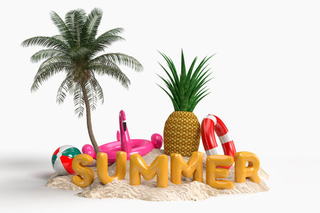 Summer scene concept with decorative beach objects mockup For sale poster, advertising, sale promotion, discount sale, Background Banner, or Wallpaper. 3D renderingの写真素材
