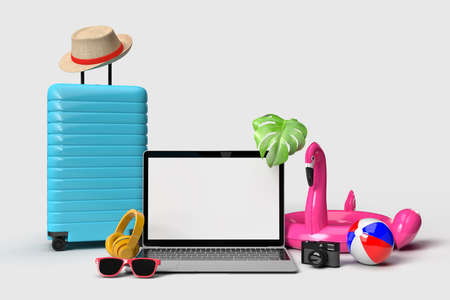 Laptop with Decorative beach objects. Summer sale concept mockup For sale poster, advertising, sale promotion, discount sale, Background Banner, or Wallpaper. 3D renderingの写真素材