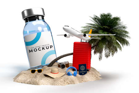 COVID-19 Vaccines mockup template with traveler accessories for hospital, clinic, medical business concept. 3D renderingの写真素材