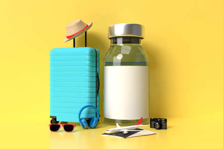 COVID-19 Vaccines mockup template with traveler accessories for hospital, clinic, medical business concept. 3D renderingの写真素材