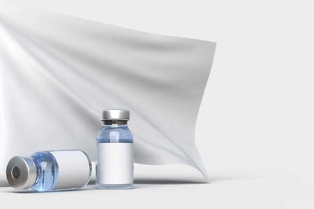 Medical tools and COVID-19 Vaccines with Flags mockup template for hospital, clinic, medical business concept. 3D renderingの写真素材