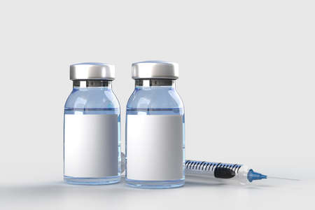 Medical tools and COVID-19 Vaccines. Banner mockup template for hospital, clinic, medical business concept. 3D renderingの写真素材