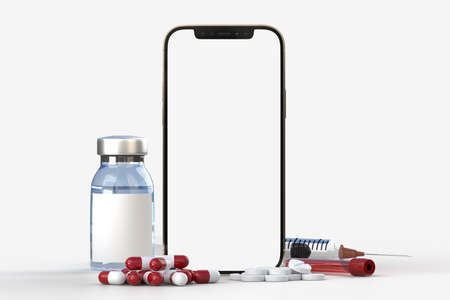 Smart phone with Medical tools and COVID-19 Vaccines. Banner mockup template for hospital, clinic, medical business concept. 3D renderingの写真素材