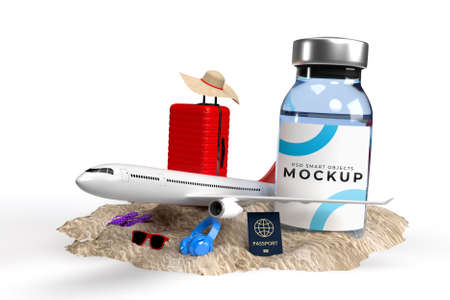 COVID-19 Vaccines mockup template with traveler accessories for hospital, clinic, medical business concept. 3D renderingの写真素材