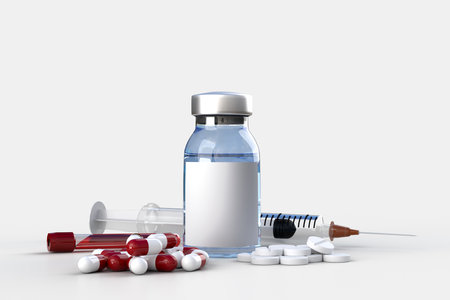 Medical tools and COVID-19 Vaccines. Banner mockup template for hospital, clinic, medical business concept. 3D renderingの写真素材
