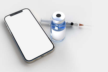 Smart phone with Medical tools and COVID-19 Vaccines. Banner mockup template for hospital, clinic, medical business concept. 3D renderingの写真素材