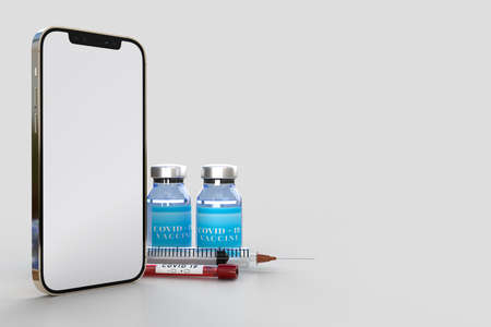 Smart phone with Medical tools and COVID-19 Vaccines. Banner mockup template for hospital, clinic, medical business concept. 3D renderingの写真素材