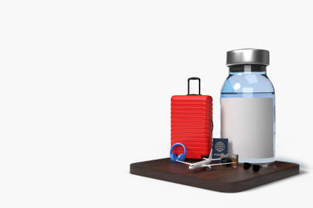 COVID-19 Vaccines mockup template with traveler accessories for hospital, clinic, medical business concept. 3D renderingの写真素材