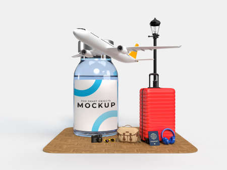 COVID-19 Vaccines mockup template with traveler accessories for hospital, clinic, medical business concept. 3D renderingの写真素材