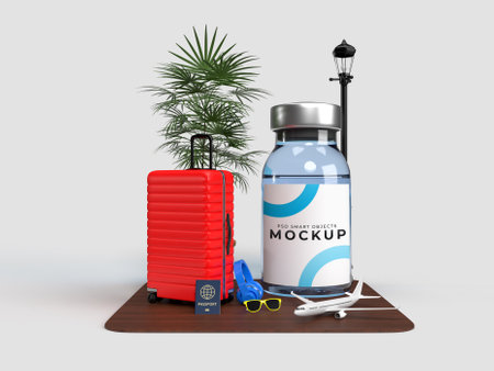 COVID-19 Vaccines mockup template with traveler accessories for hospital, clinic, medical business concept. 3D renderingの写真素材