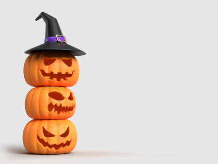 Halloween background mock-up with pumpkins and witch hat. Halloween concept mockup. 3D renderingの写真素材