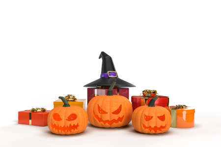 Halloween background mock-up with pumpkins, witch hat and gift box.  Designs concept celebration. 3D renderingの写真素材
