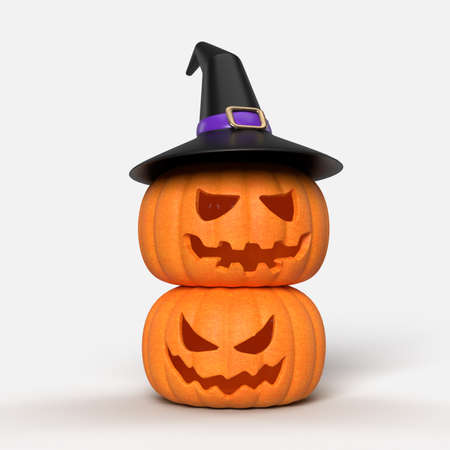 Halloween background mock-up with pumpkins and witch hat. Halloween concept mockup. 3D renderingの写真素材